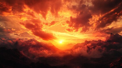 Fototapeta premium Fiery Sunset over Majestic Mountains: A Dramatic Landscape Painting