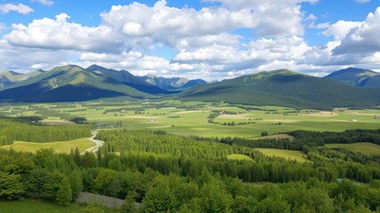 Obraz premium Serene Mountain Valley Landscape with Lush Green Fields and Winding Road