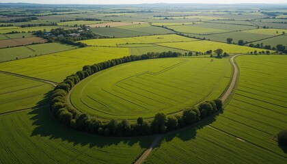 Aerial view of green fields with a curved tree line and patchwork fields in the distance on a sunny day