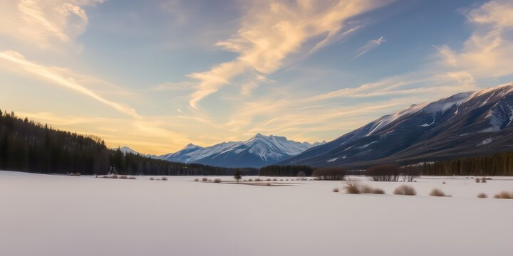 Serene winter landscape showcasing snow-covered plains, a solitary tree, and a majestic mountain range under a breathtaking sunset sky.