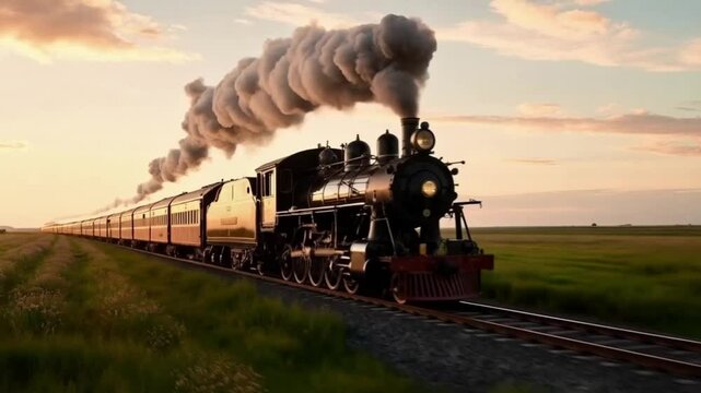 Steam train speeds along the tracks, leaving a trail of smoke behind it. Smooth repeating motion for background video animation.