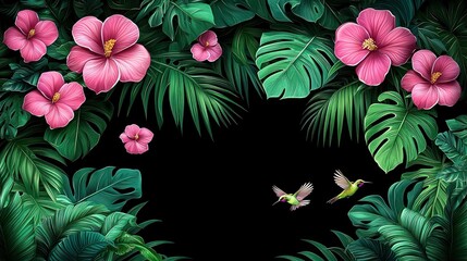 Naklejka premium Tropical Paradise: Vibrant Hibiscus and Hummingbirds Amidst Lush Green Foliage