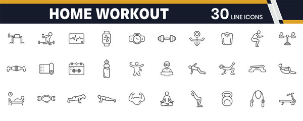 Home Workout and Fitness Routine Icons – Daily Exercise, Training Plan, and Gym Equipment Line Icons