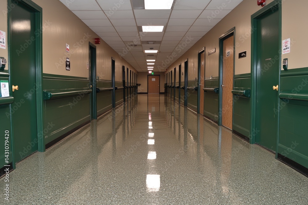 Poster an empty corridor with doors and handrails running into the distance