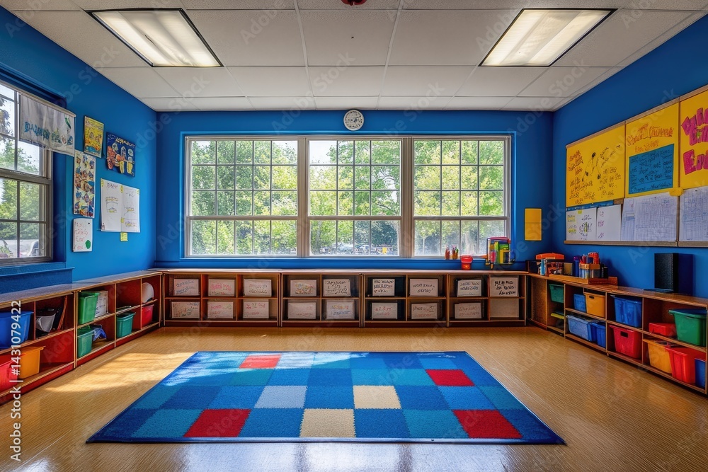 Poster an empty classroom filled with bookshelves and colorful objects