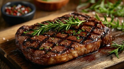 Flavorful argentinian steak beautifully plated on a rustic wooden cutting board ready to be savored