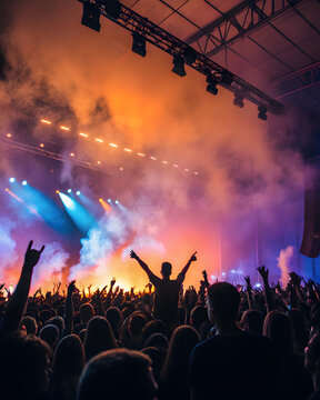 Live music concert crowd cheering at music festival with stage lights