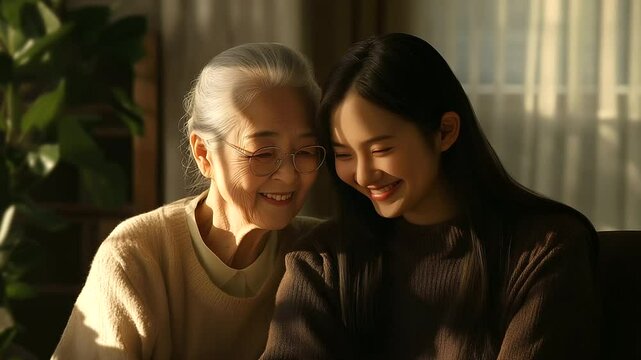 A granddaughter lovingly embraces her grandmother, both smiling joyfully in a warm indoor setting. The bond between them is unmistakable, their happiness and deep affection for eac