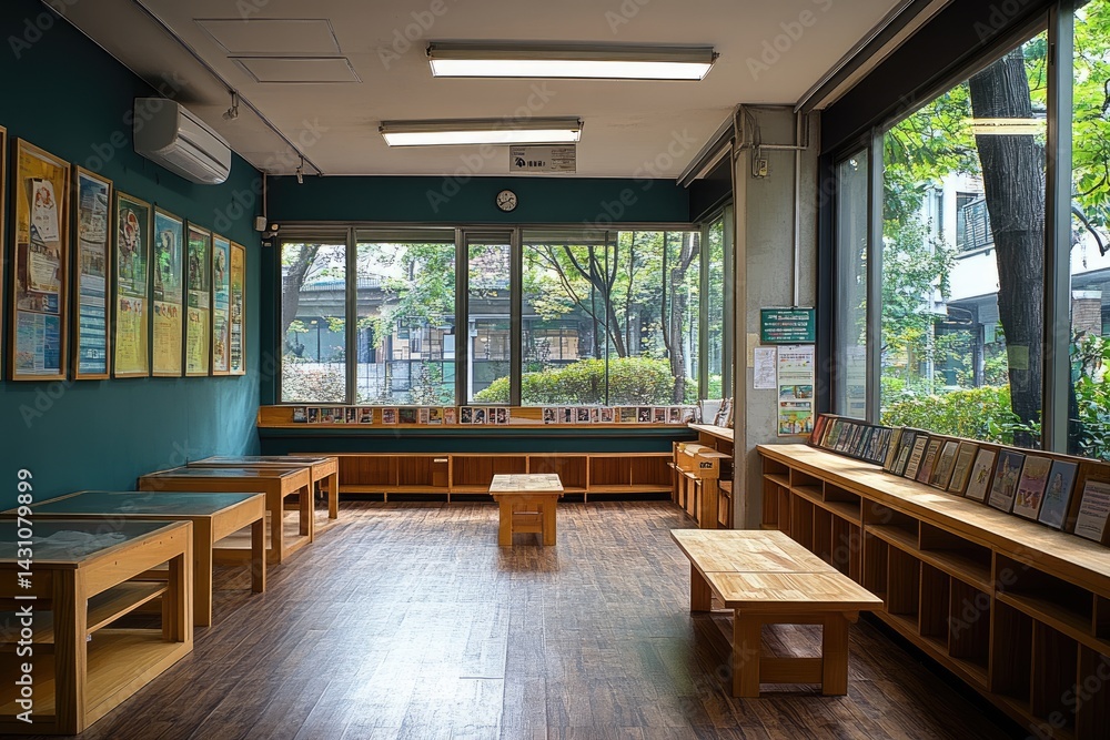 Poster an empty library interior with tables and large windows overlooking a garden