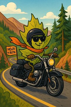 Ilustraci&oacute;n conceptual de una hoja de &aacute;rbol sobre una motocicleta por una carretera monta&ntilde;osa, hoja de ruta, doble sentido, mapa de viaje, acompa&ntilde;amiento, taller