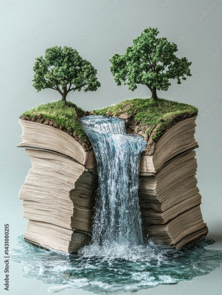 Poster creative waterfall flowing from a book with trees and cliffs depicting nature knowledge generative a