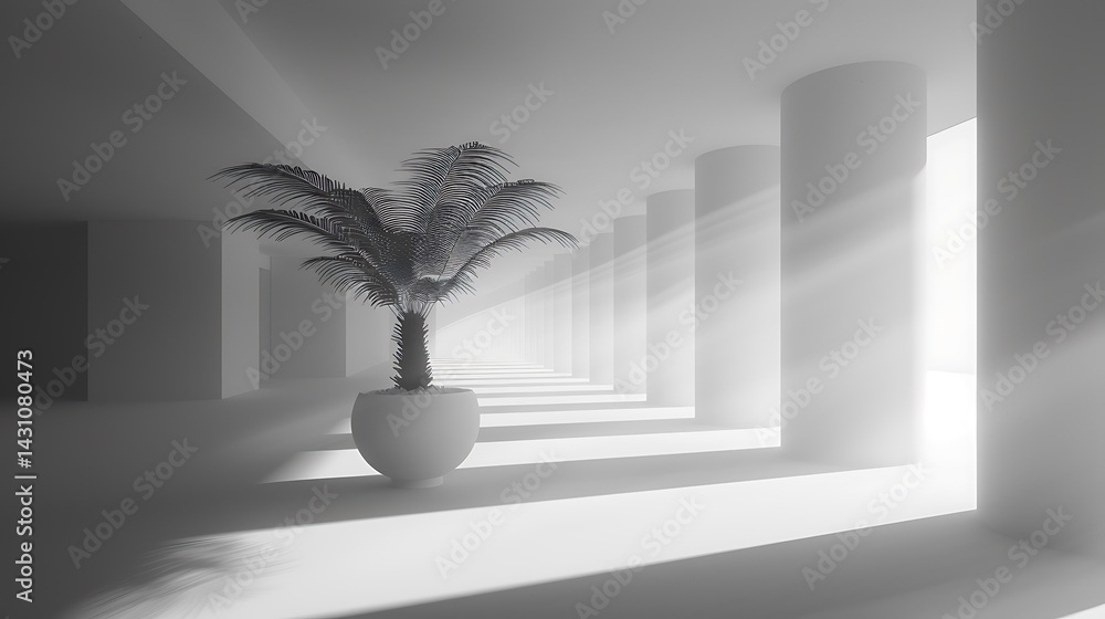 Poster monochrome architectural space with palm tree and sunlight casting shadows