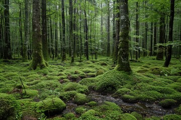 Obraz premium An enchanting mossy forest filled with tall green trees