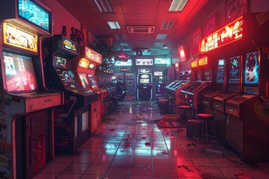 A neon lit retro arcade with arcade game machines visible