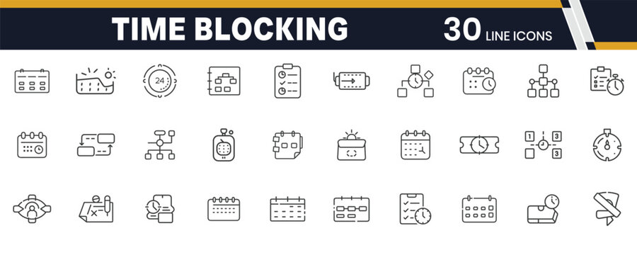Time Blocking Icons – Productivity Planner, Daily Scheduling, and Task Management Line Icon Set