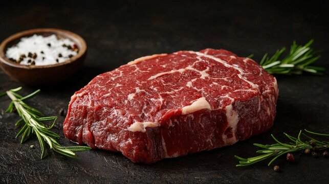 A piece of chuck eye steak accompanied by two small bowls of salt on a rustic wooden table with copy space