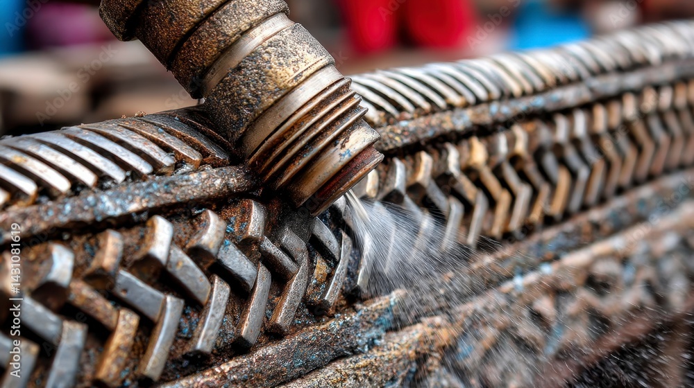 Poster close up of water spraying onto a textured metallic surface with intricate patterns.