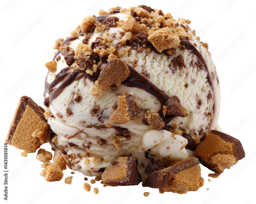 Poster creamy ice cream topped with chocolate drizzle and crunchy graham cracker crumbs, creating delightfu
