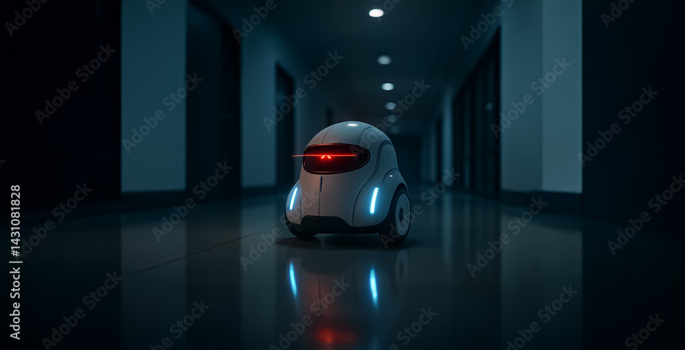 Poster autonomous security robot rolls through dark hallway with glowing red visor and led accents, reflect