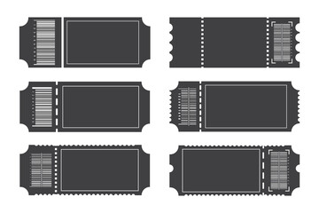 Ticket templates. Blank admit one festival concert theater raffle tickets and coupons with barcode isolated vector set. Concert ticket, coupon with bar code illustration