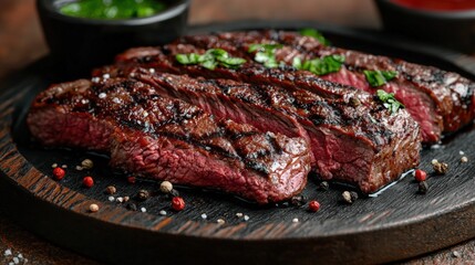 Perfectly cooked flank steak served on a white plate with fresh garnish and room for text and design elements