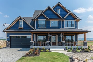 A newly constructed two story house with blue siding stands proudly