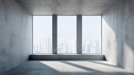 Fototapeta premium Minimalist Bright Concrete Wall with Large Windows, Soft Natural Light, Clean Architectural Lines, Simple Office Environment
