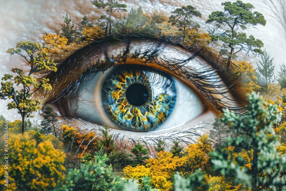 Aufkleber an eye with forest imagery embedded in its iris and surrounding areas