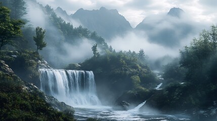 Fototapeta premium Misty Mountain Waterfall: Serene Landscape Painting