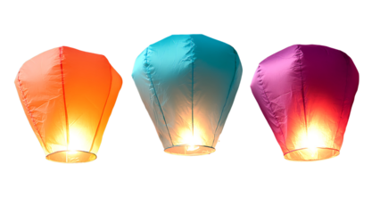 Colored sky lanterns on transparent background.