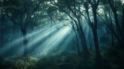 Obraz premium Serene misty forest with sun rays breaking through trees calm nature peaceful scene