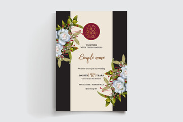 WEDDING INVITATION FRAME WITH FLOWER DECORATIONS AND FRESH LEAVES