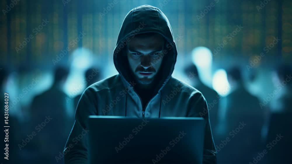 Poster a focused hacker analyzes data on a laptop, illuminated in neon lights, in a digital workspace fille