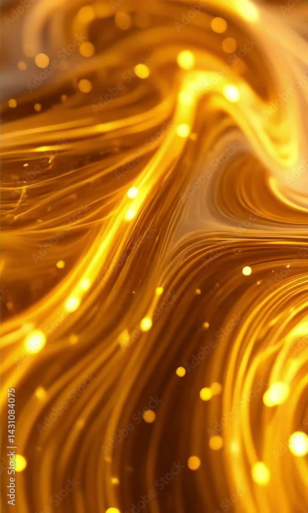 Poster vibrant swirling golden patterns in dynamic motion with sparkling highlights captured in a colorful 