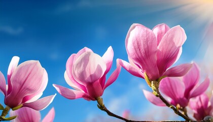 pink magnolia flowers on sky background close up