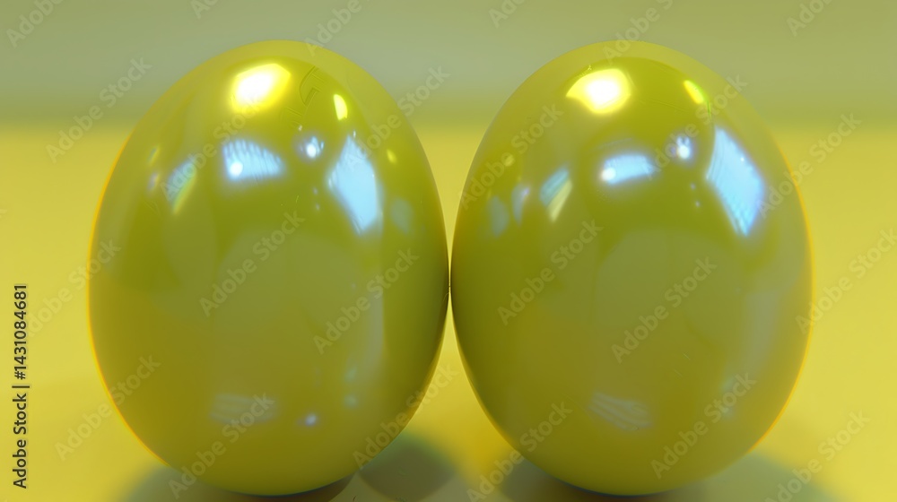 Poster pair of luminous chartreuse orbs with reflective surfaces on matching base