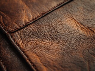 Close-up of brown leather texture with stitching detail showing wear and grain.