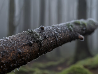 snow-covered branch in the forest with sunlight