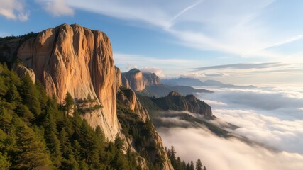 Majestic mountain range at sunrise, cliffs and evergreen forests above a sea of clouds