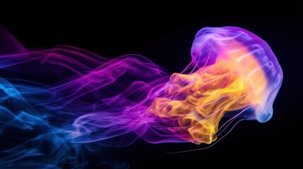 Obraz premium Colorful jellyfish gracefully swimming through dark waters, creating a mesmerizing visual display
