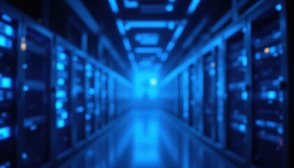 Obraz premium Cloud computing data center, glowing server racks, ambient blue lighting, portrait composition, modern high tech atmosphere