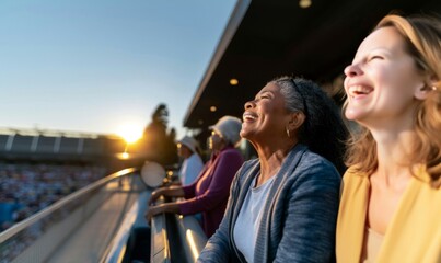 Diverse group of women people laughing and cheering at a stadium during golden hour, enjoying a live sports event
