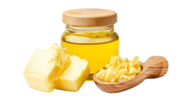 Pure Butter, Oil, and Ghee Isolated on Transparent Background Close-up