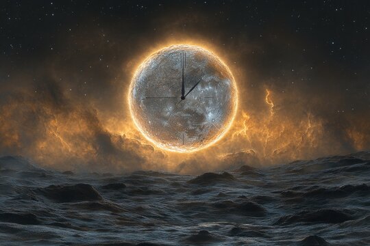 An illuminated clock face hangs over a dramatic undulating landscape