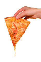 Unrecognizable person with slice of pizza on a transparent background