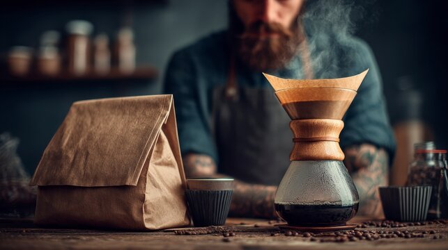 Close up of pour over coffee brewing process with a bearded barista in the background. Brown tones and steam emphasize the warmth and aroma.
