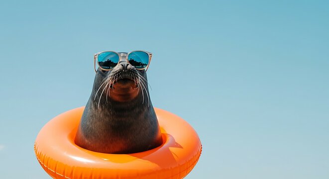 A cool seal wearing sunglasses and floating in an orange inflatable ring. The seal is enjoying a sunny day with a clear blue sky in the background