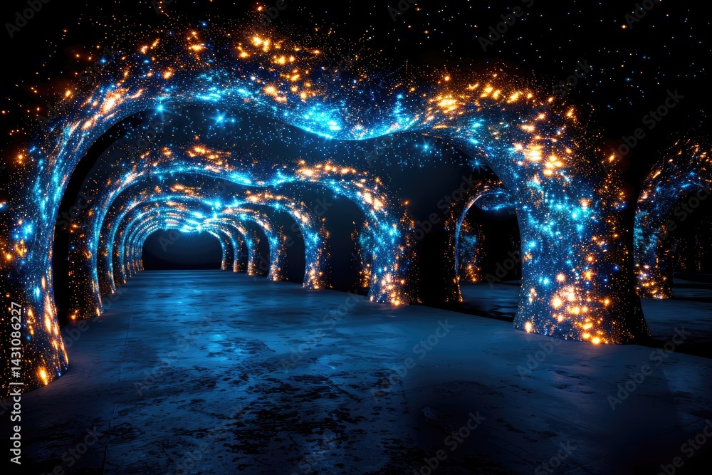 Poster an illuminated futuristic tunnel with sparkling lights is displayed