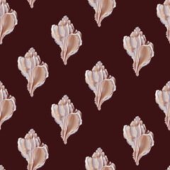 Marine summer themed seamless pattern on red background.  Pastel Seashells ornament.Ocean inspired marine design perfect for fabric prints, wallpapers, beach decor,wraping paper