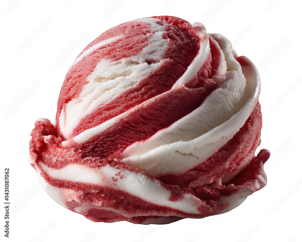 Poster scoop of raspberry ripple ice cream features vibrant swirls of red and white, creating visually appe